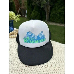 Vintage 70s Mount Rushmore Trucker Hat Snapback Blue Mesh Foam Flat Brim USA
